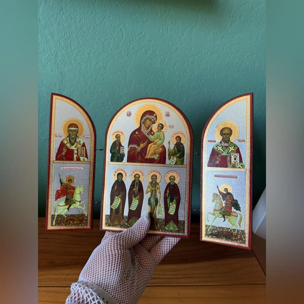 Orthodox Triptych Icon “Joy of All Who Sorrow” Virgin Mary 18.5x26.5 cm Russia - Picture 5 of 7